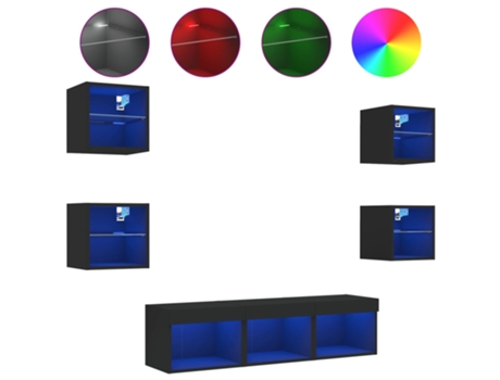 Conjunto 7 Muebles de TV de pared con LED VIDAXL madera ingeniería negro (40 x 30 x 30 cm)