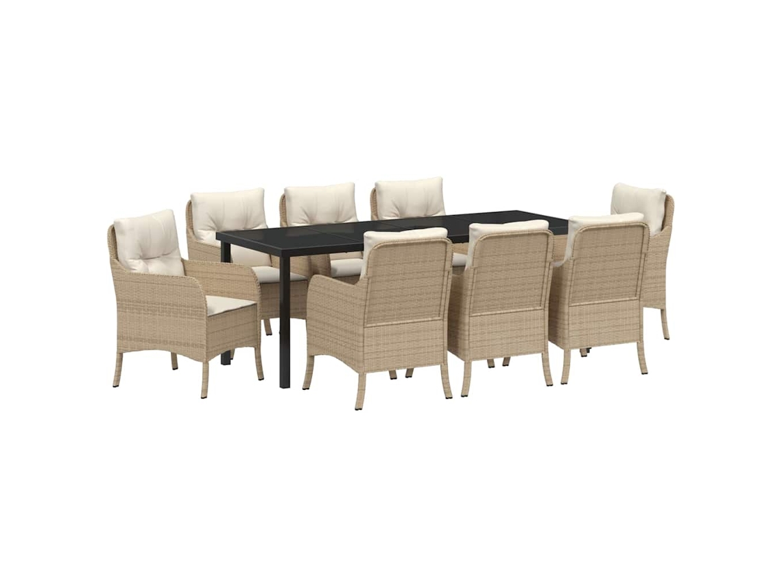 Conjunto de comedor de jardín con cojines, 9 piezas, mimbre beige, PE MAISON EXCLUSIVE