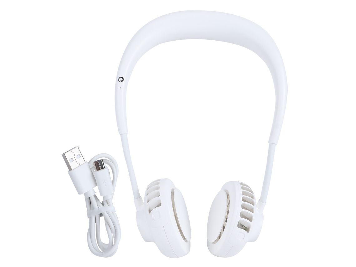 Ventilador de cuello USB blanco para deportes, viajes y uso diario.