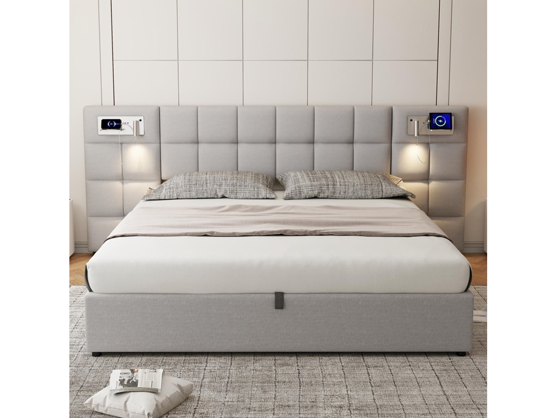 Cama Doble 180x200 Cm, Hidráulica Con Almacenamiento, Cabecero Acolchado, Usb Y Carga Inalámbrica, Lámpara Integrada, Lino Gris