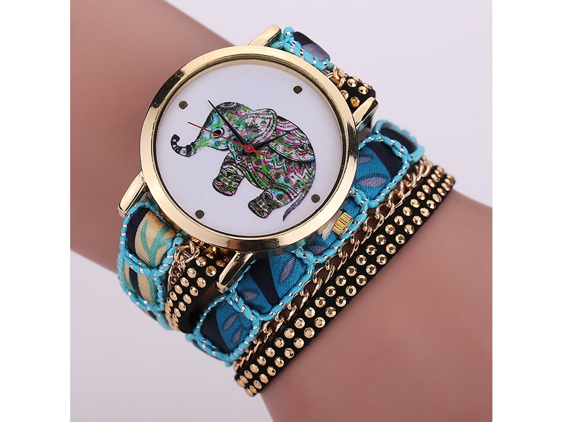 Reloj De Pulsera Multicapa De Estilo Étnico Para Mujer Con Esfera Azul Cielo Con Estampado De Elefante.