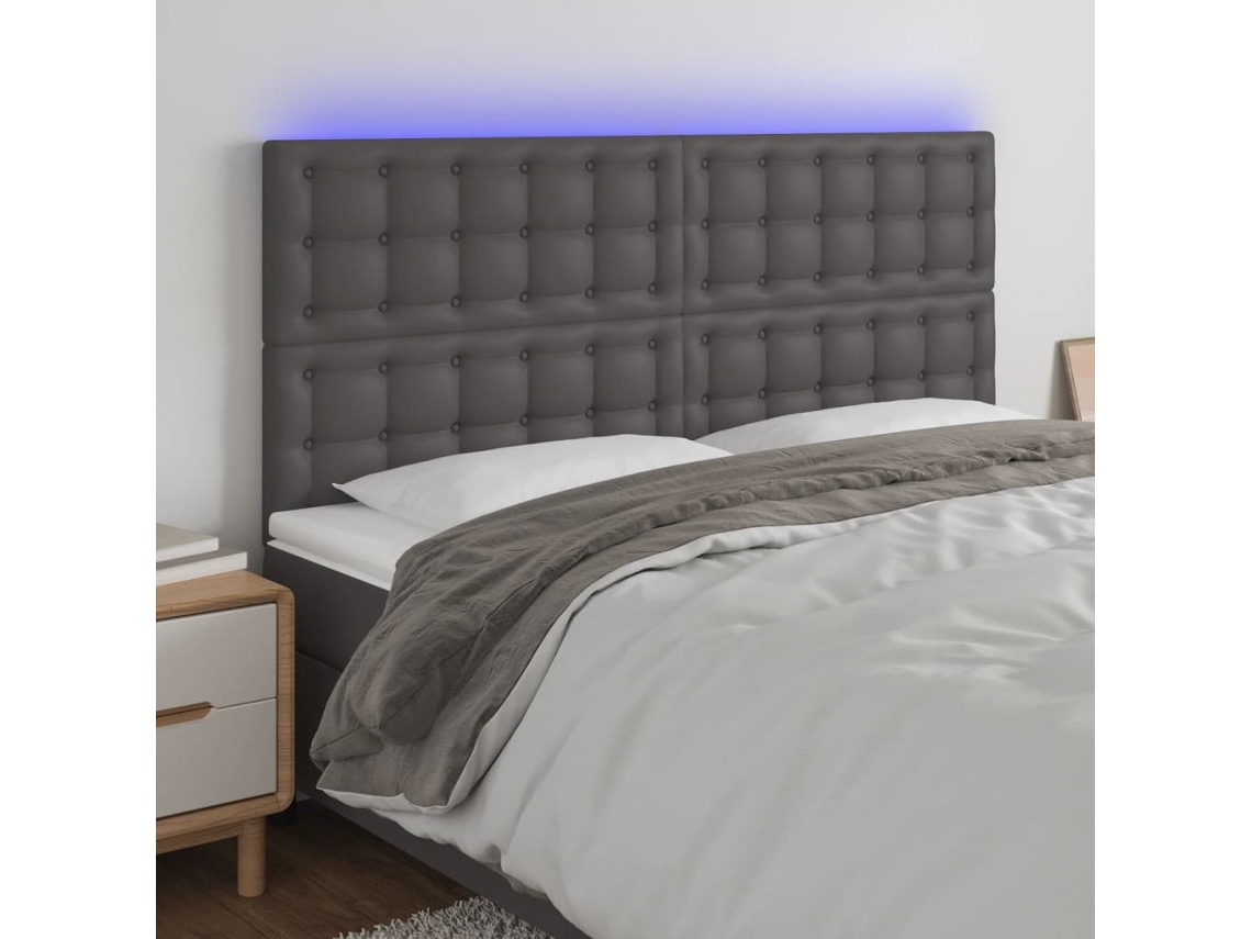 Cabecero Con Luces Led Cuero Sintético Gris 180x5x118/128 Cm