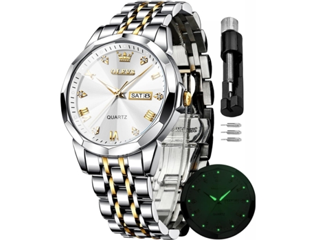 VEANXIN Reloj de cuarzo luminoso con fecha clásica resistente al agua para hombre(Oro y blanco)