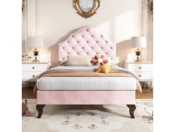 Cama tapizada de 90 x 200 cm en terciopelo con cabecero ajustable y somier de láminas rosa
