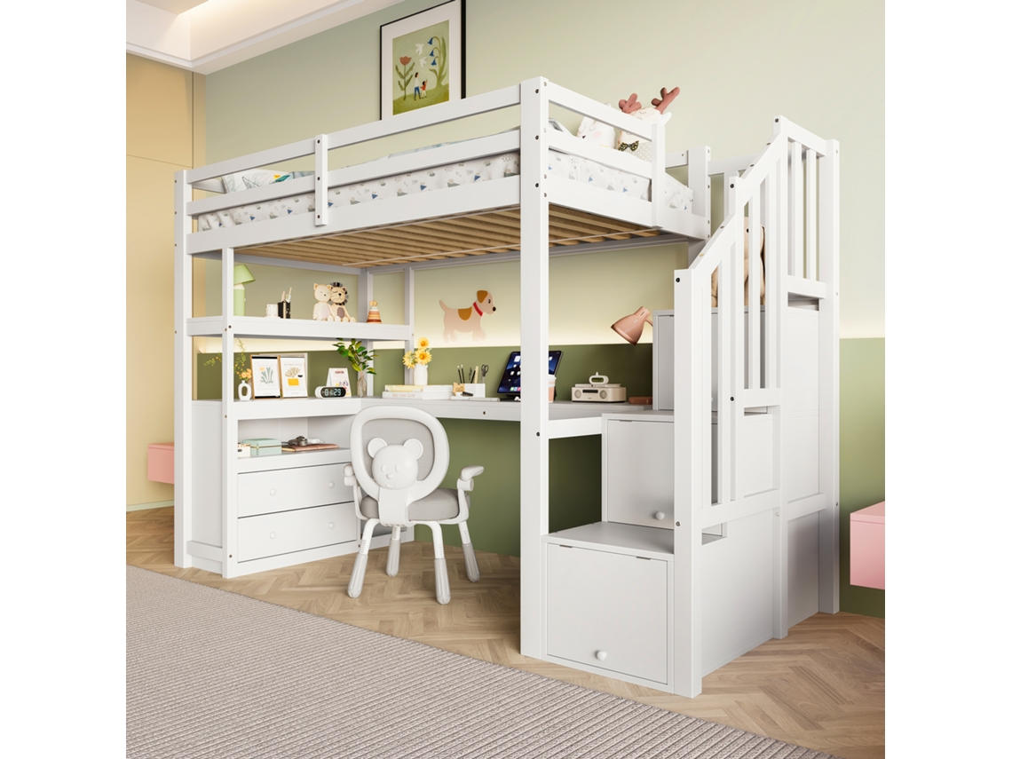 Cama Alta 90x200 Cm - Con Escritorio, Escalera Con Almacenamiento Y 2 Cajones - Blanco