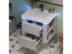 Armario De Baño Suspendido 61x46x48,5 Cm - Con Iluminación Led, 2 Cajones, Lavabo Integrado - Blanco