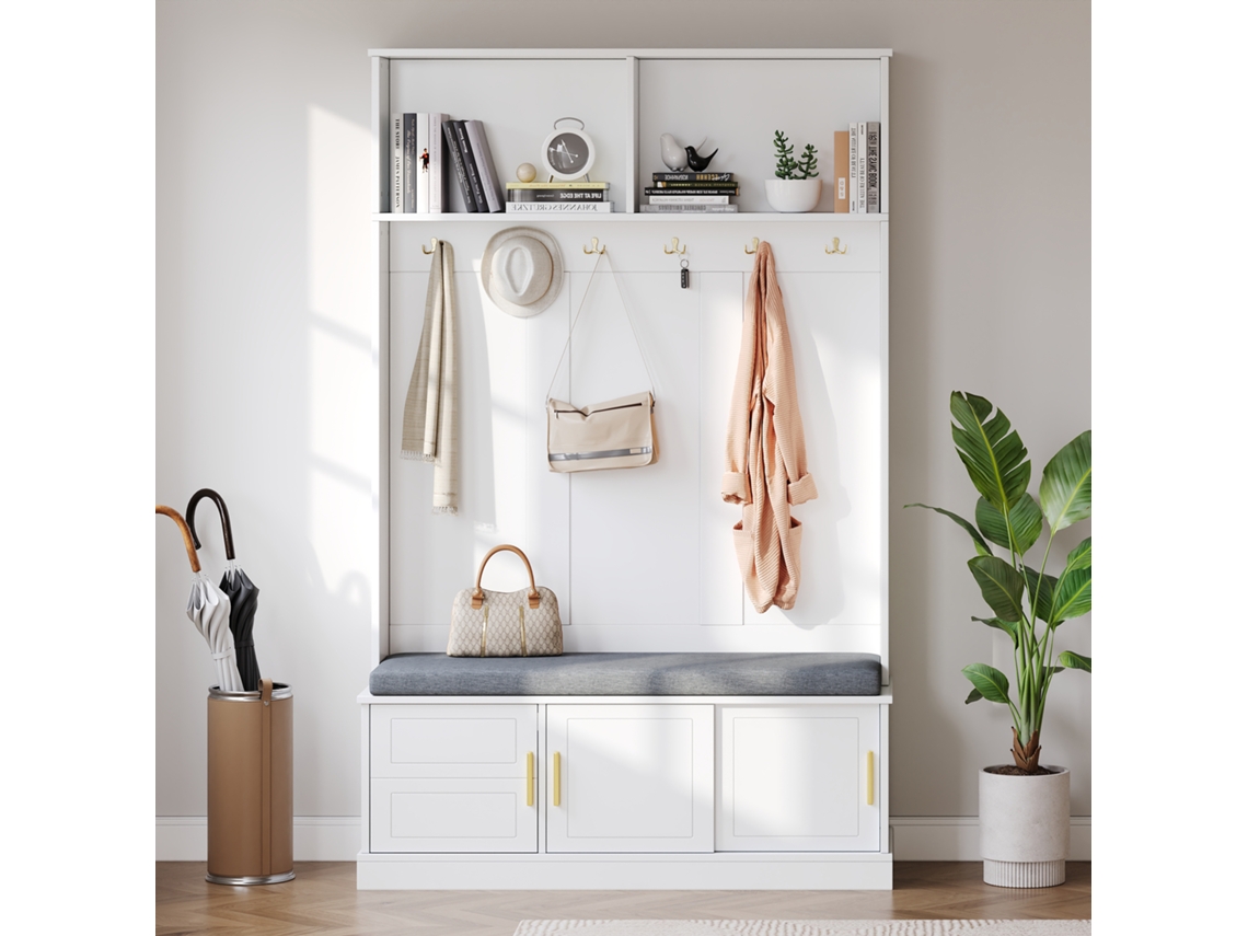 Perchero Con Banco Para Zapatos 120x40x191 Cm - 6 Ganchos Triples - Freestanding - Blanco