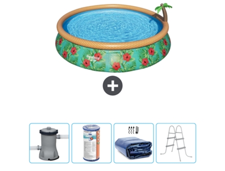 Piscina Hinchable Redonda Fast Set BESTWAY - Estampado Paraíso - 457 x 84 cm - Bomba Incluida Filtrar - Vela solar - Escalera