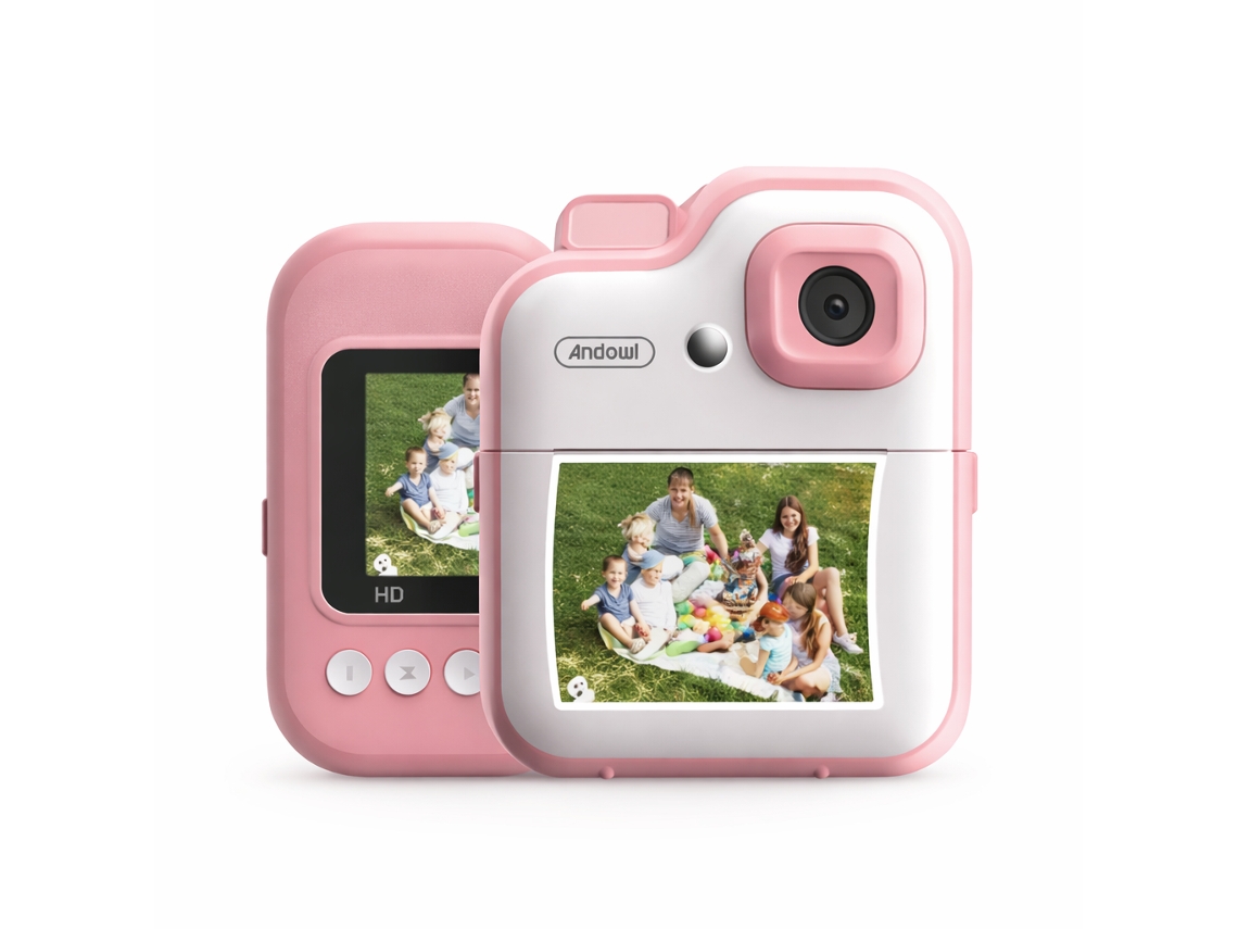 Cámara digital infantil con impresión instantánea, pantalla HD, Andowl C8 rosa + blanco