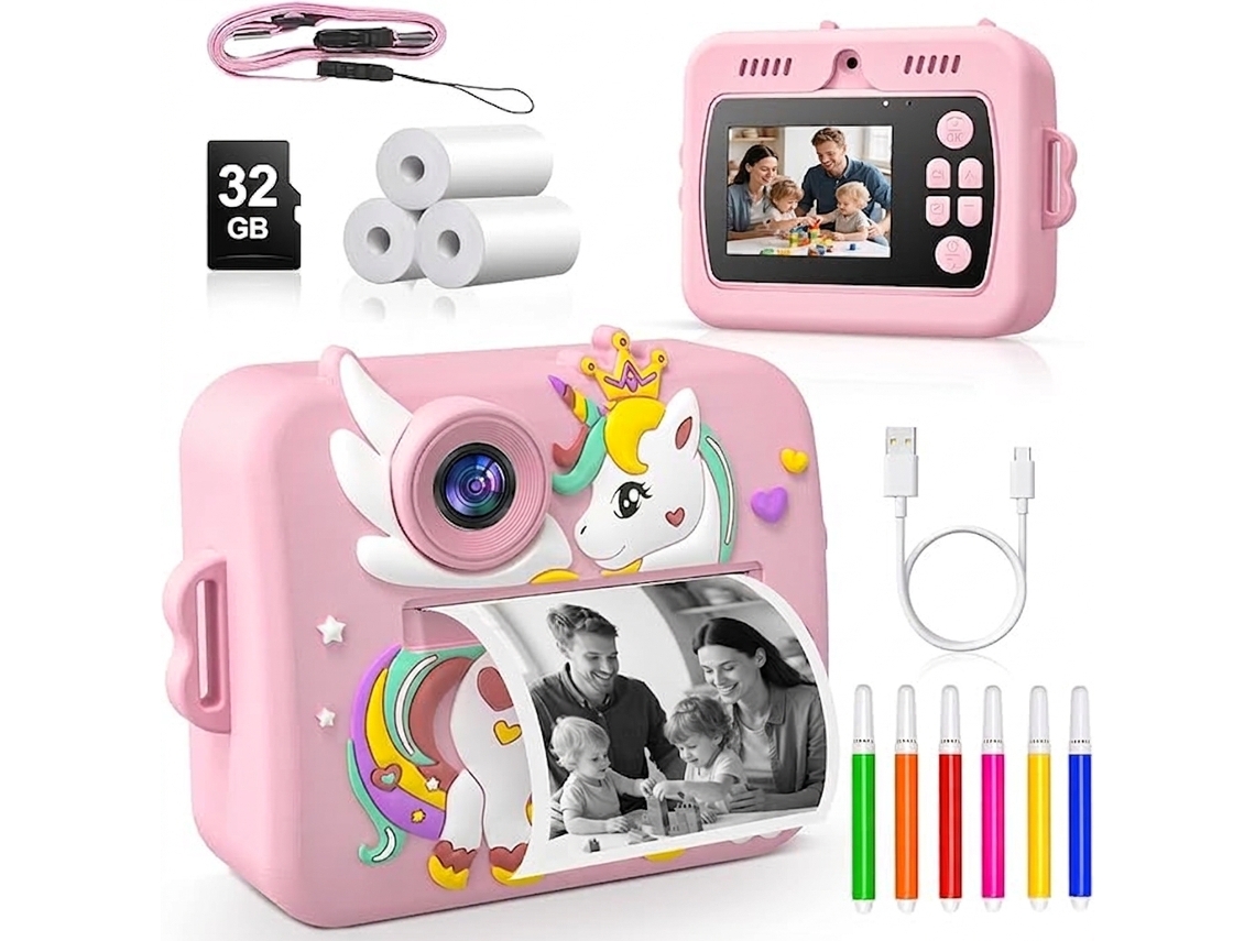 Kids Câmera Rolipo X7d 1080p, Presente Para Crianças Dos 3 Aos 12 Anos, Ecrã Ips De 2,5 Polegadas, 4 Rolos De Papel Fotográfico Rosa