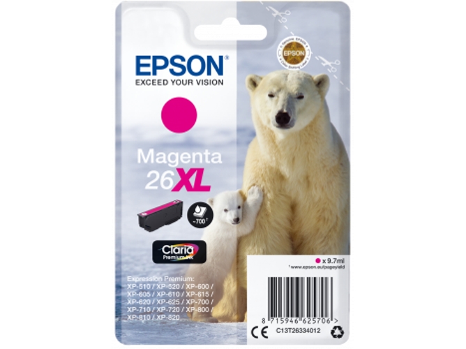 Cartucho de tinta original EPSON, 26XL, Oso polar 9,7 ml , Magenta, C13T26334012, T2633