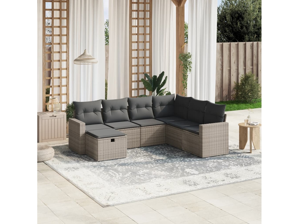 Conjunto de sofá de jardín de 7 piezas con cojines, mimbre gris, DKD Home Decor