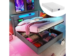 Cama tapizada LED de 160 x 200 cm con carga USB, iluminación LED CE, tela de lino y base Mobrio (con colchón)
