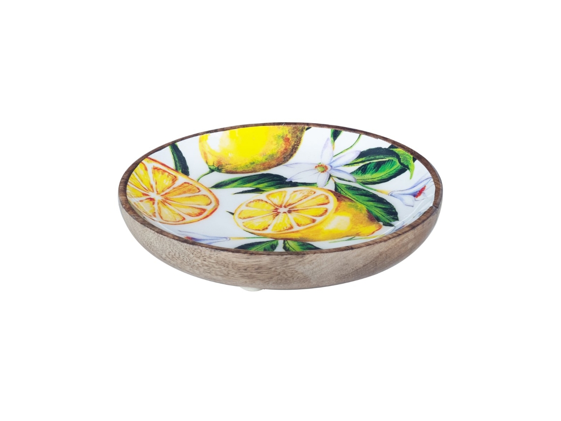 Bandeja para Dejar Llaves BY SIGRIS Plato Grande Madera Diseño Limones, Madera de Mango Diámetro 15cm