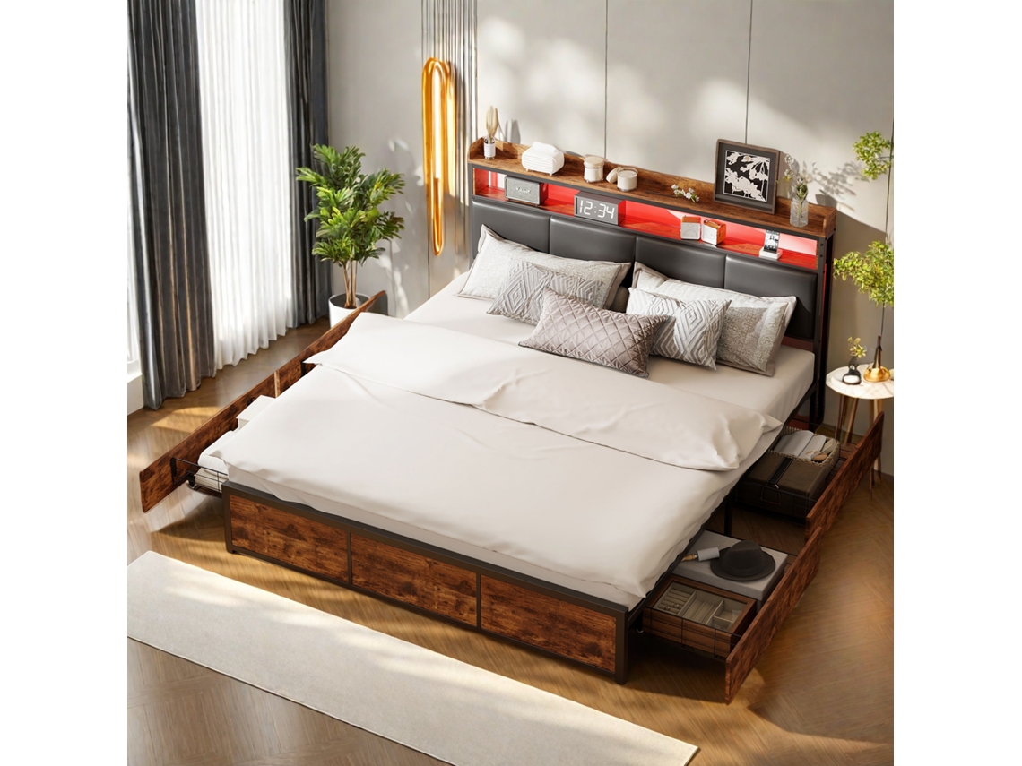 Cama Doble De 160x200 Cm Con Estructura Metálica, Cabecero De Poliuretano Negro Mate Con Estampado De Tigre E Iluminación Led Integrada.