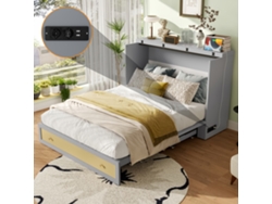 Cama Abatible 140x200 Cm - Móvil, Cajones Al Pie, Estante En Cabecera, Usb Y Enchufe, Cama Plataforma Convertible, Sin Colchón - Gris