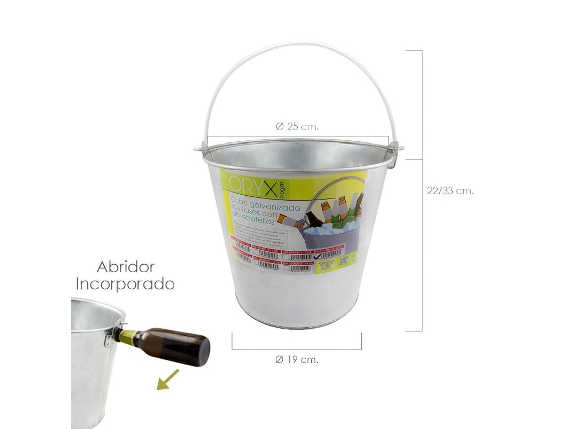 Cubo Zinc Metal Galvanizado Multiusos  8 Litros 25 x 19 x 22 (alt.) cm con Abre Botellas ORYX