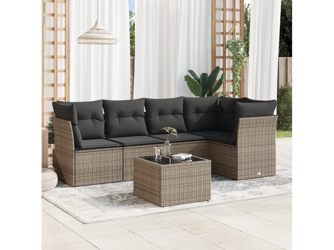 Conjunto de sofá de jardín de 6 piezas con cojines de mimbre gris, Dkd Home Decor
