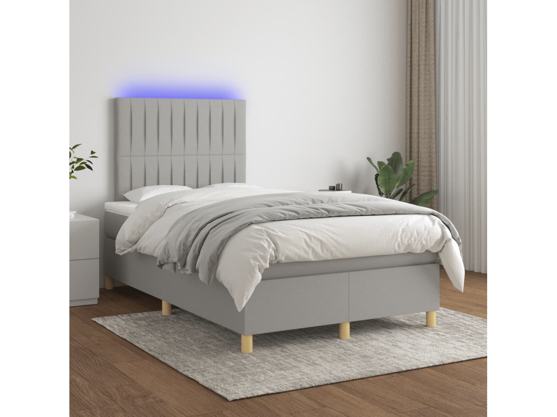 Cama Box Spring Con Colchón Tela Y Led Gris Claro 120x200 Cm