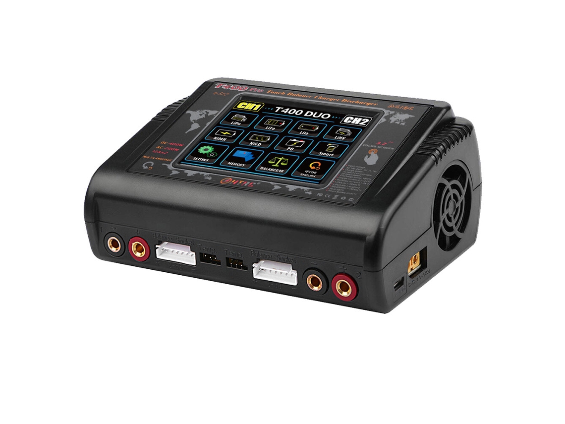Cargador y descargador de baterías Lipo de doble canal HTRC T400 Pro (CA, 200 W, CC, 400 W, 12 A, 2 A) para baterías Lipo LiHV Life, Lilon, NiCd, NiMH y Pb