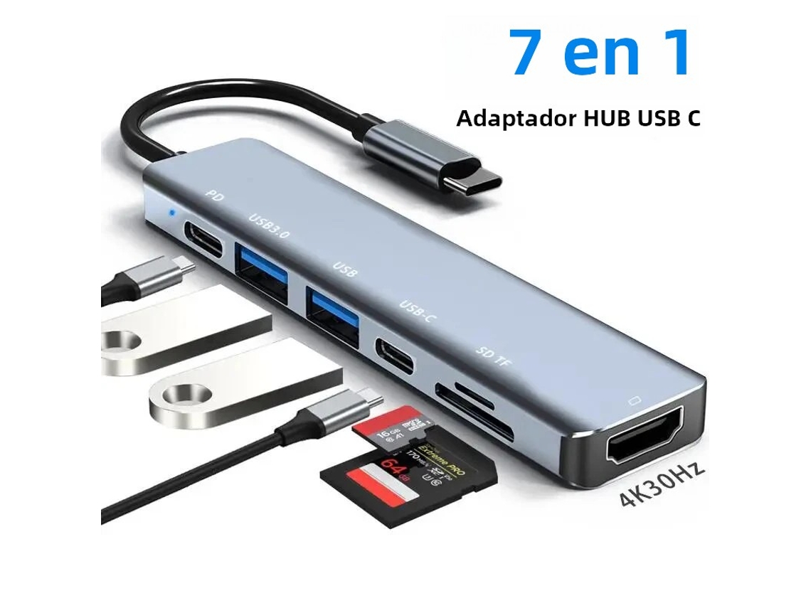 Adaptador Usb-c 7 En 1 Con Hdmi 4k Y Lector De Tarjetas Sd/tf