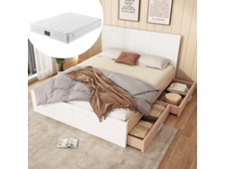 Cama Doble De Madera De 140x200 Cm Con 2 Cajones, Juego Completo Con Estructura Y Somier De Láminas, Acabado En Roble Blanco.