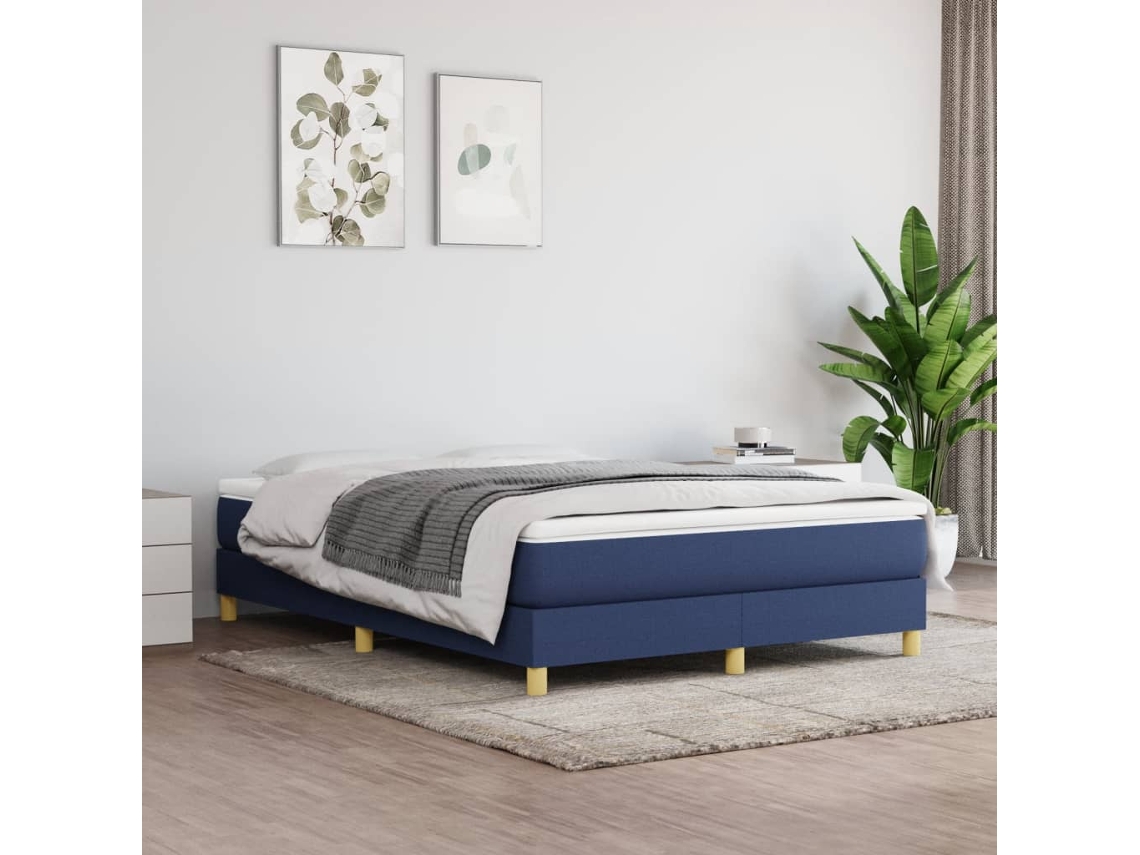 Cama Box Spring Con Colchón Tela Azul 140x200 Cm