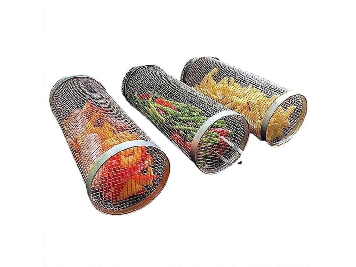 Cesta Giratoria De Acero Inoxidable Para Barbacoa, Ideal Para Verduras, Mariscos Y Patatas Fritas (20 Cm X 2 + 30 Cm X 1)