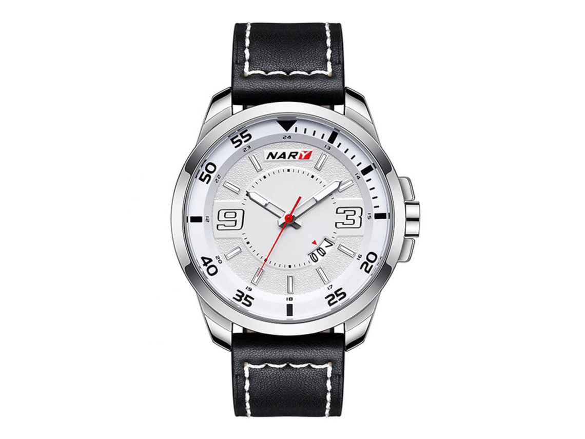 Reloj De Pulsera De Cuero Pu Para Hombres Nary Con Dial Redondo Y Calendario De Cuarzo Negro Plateado