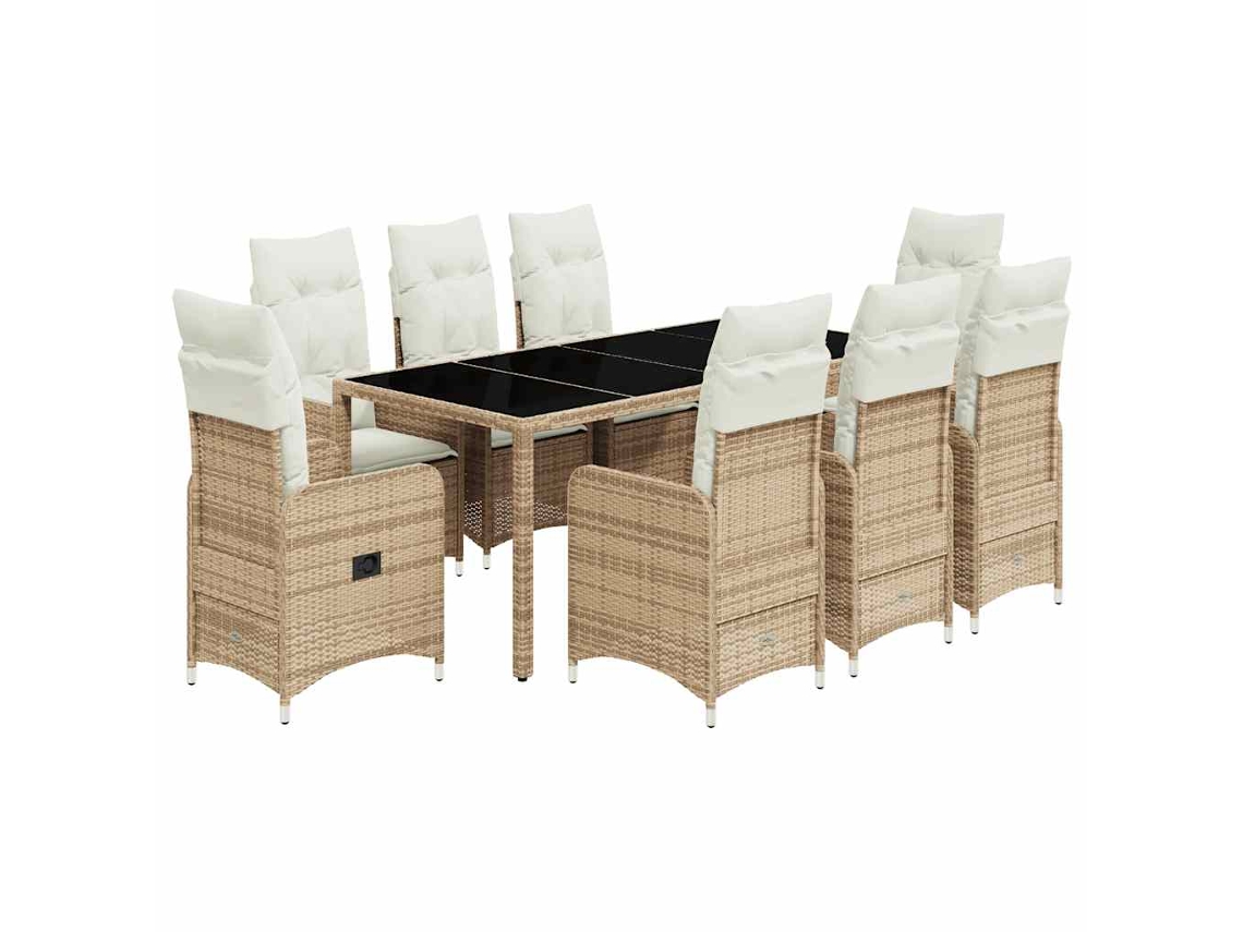 Juego de 9 mesas de bistró para jardín con cojines de mimbre, beige, EXCLUSIVA MAISON