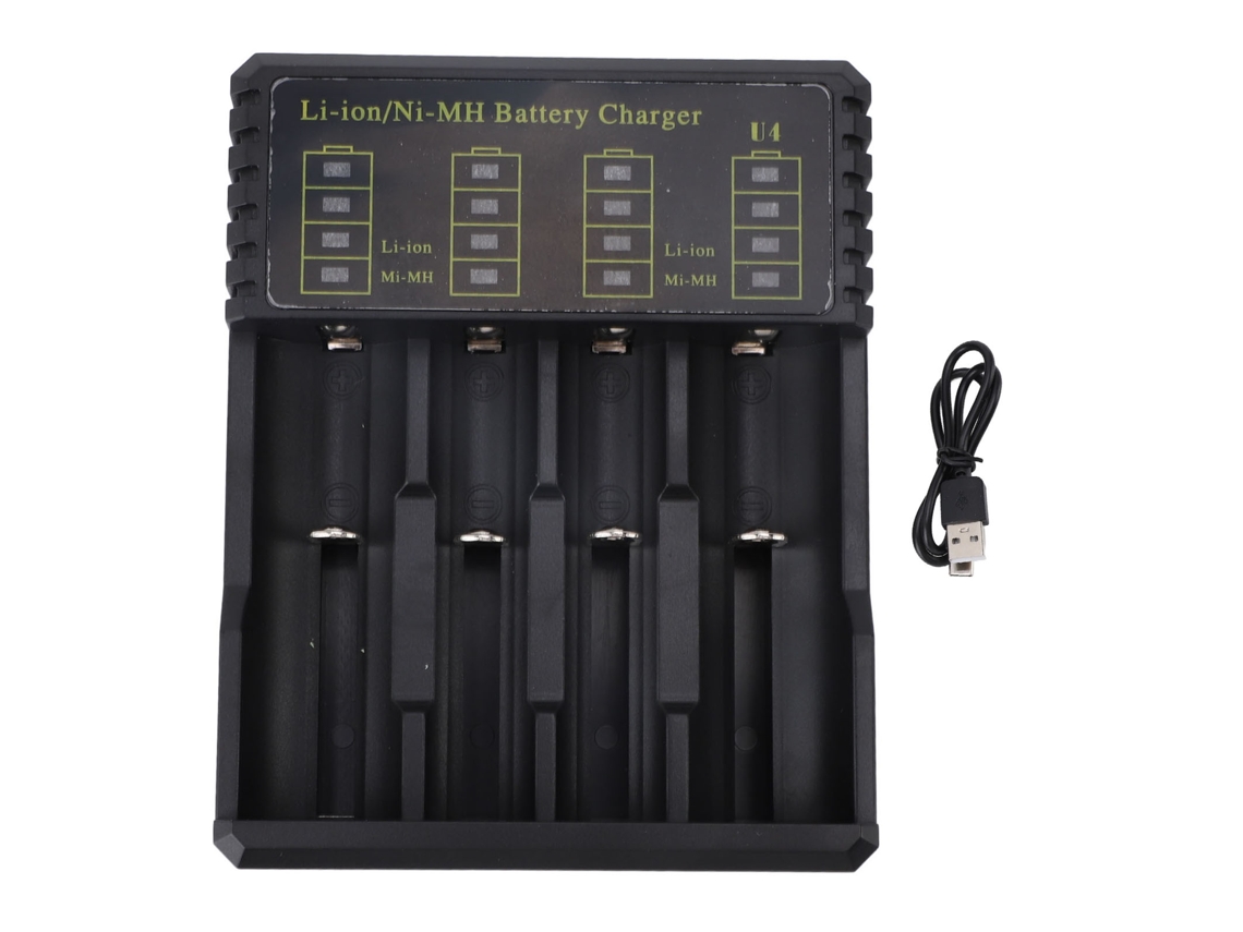 Cargador USB inteligente 2026 con 4 ranuras universales para baterías de iones de litio, Ni-MH, Ni-Cd, AA, AAA, AAAA, C, 18650, 26650, 16340 y LED.