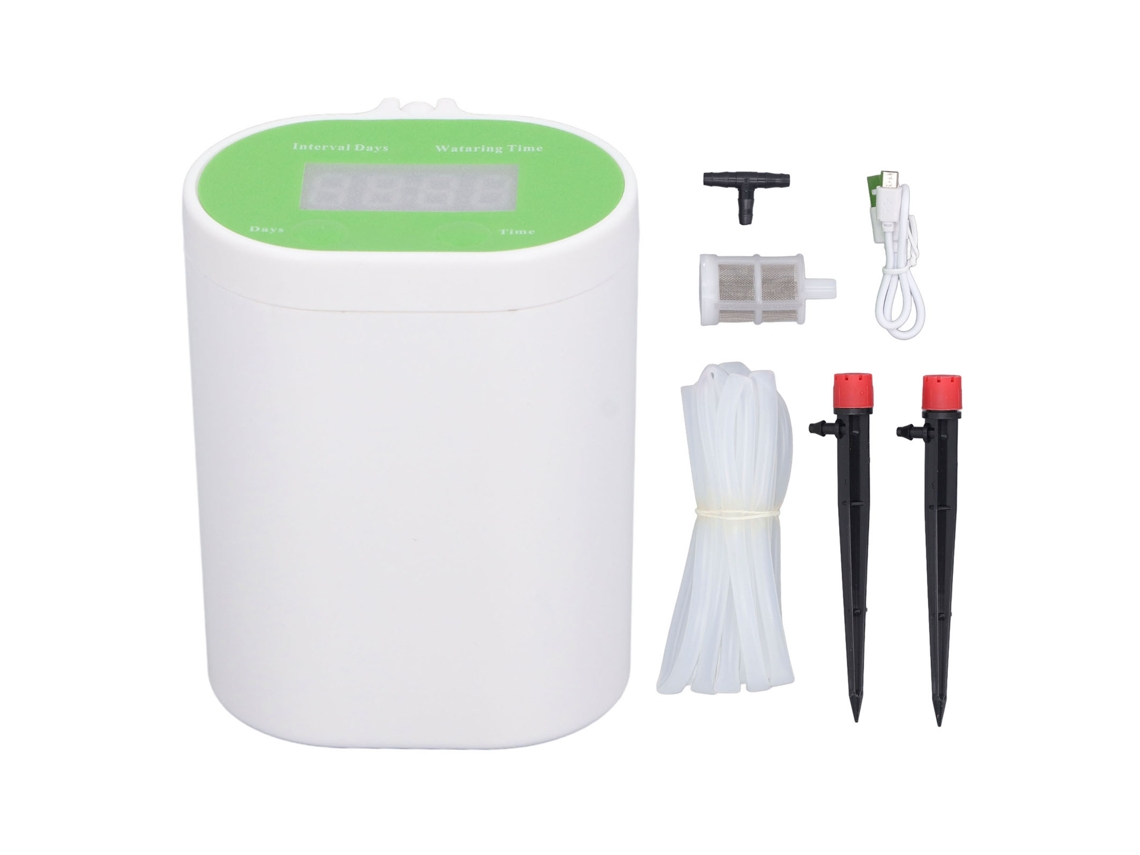 Sistema de riego automático ABS para interiores con temporizador para plantas en maceta, aspersor verde y blanco.