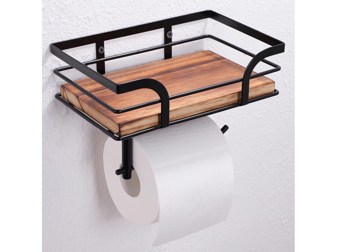 Portarrollos de papel higiénico con estante, caja de pañuelos húmedos de madera, soporte de pared para baño Jortmrd