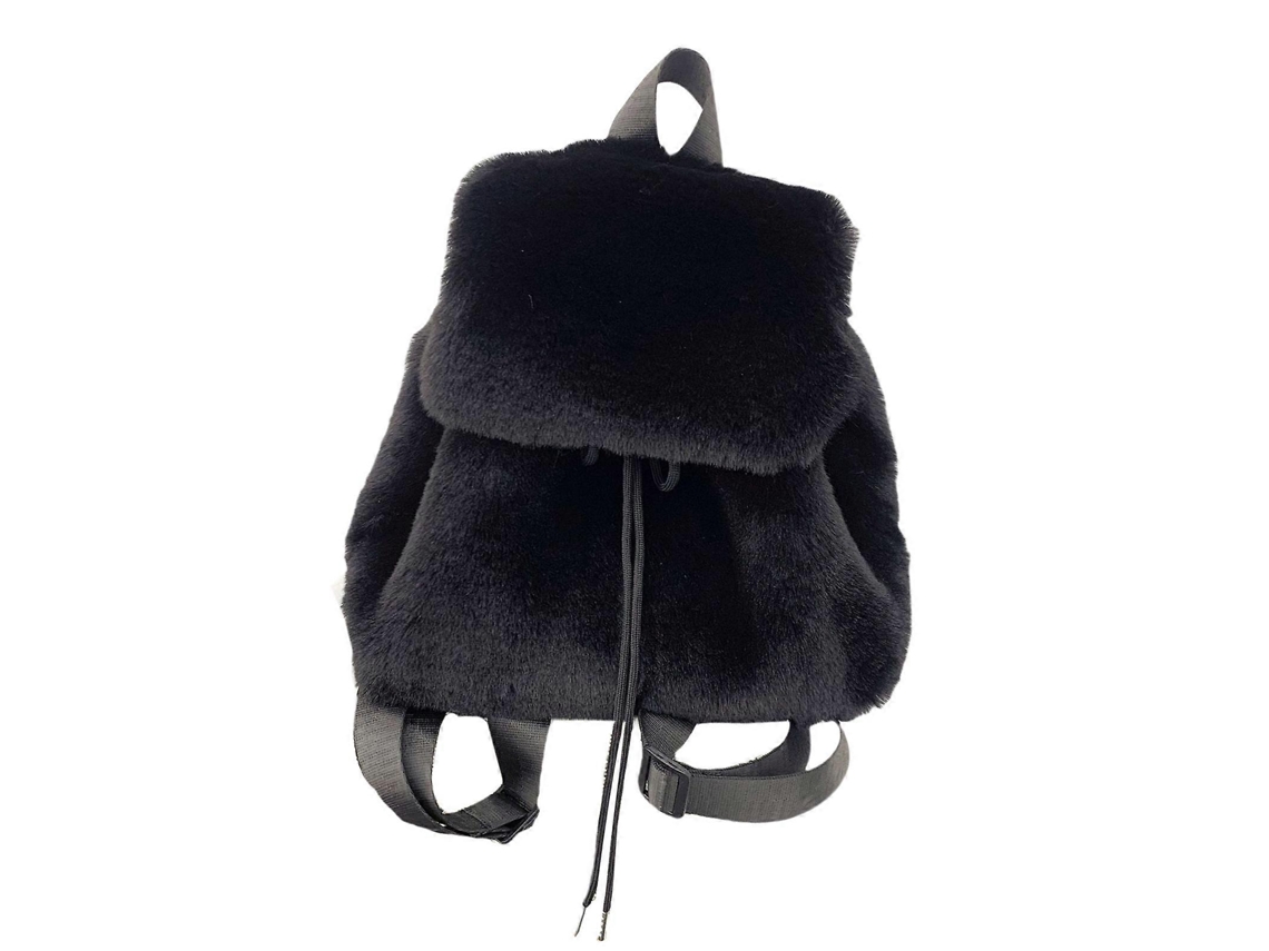 Mochila de invierno para mujer, pequeña, afelpada y suave, con cierre de cordón y solapas laterales, negra.