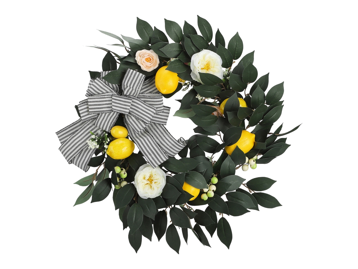 Corona Artificial De Rosas Amarillas Limón De Verano Con Follaje Para La Puerta Principal, Estilo Campestre.