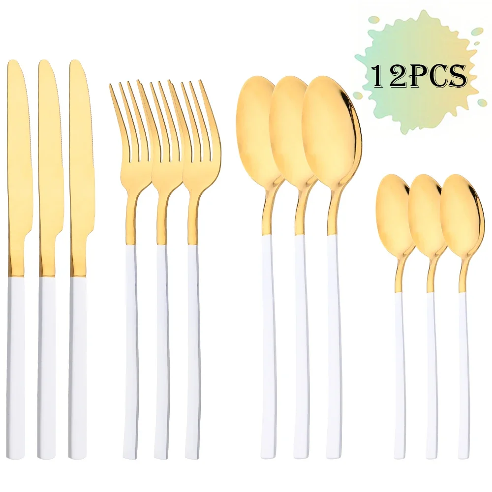 (oro Blanco, Juego De Cubiertos De Acero Inoxidable De 12 Piezas, Que Incluye Cuchillo, Tenedor Y Cucharilla De Café)