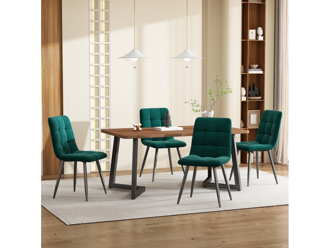 Conjunto Comedor 5 Piezas 117x68 Cm - Mesa Nogal Y 4 Sillas Terciopelo Verde Oscuro