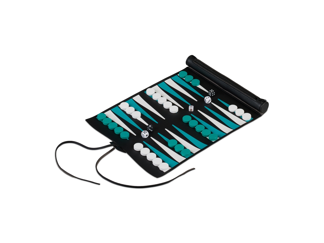 Relaxdays Backgammon, De Viaje, Enrollable, Incluye Accesorios, 30 X 24,5 Cm, Efecto Cuero, Juego Mesa, Negro/turquesa