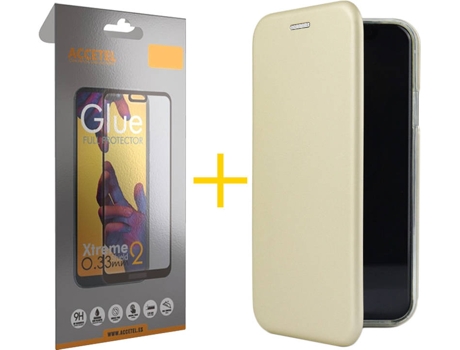 Kit Funda + Protector de Pantalla Apple iPhone 11 Pro Max ACCETEL Flip Cover 0310 Dorado