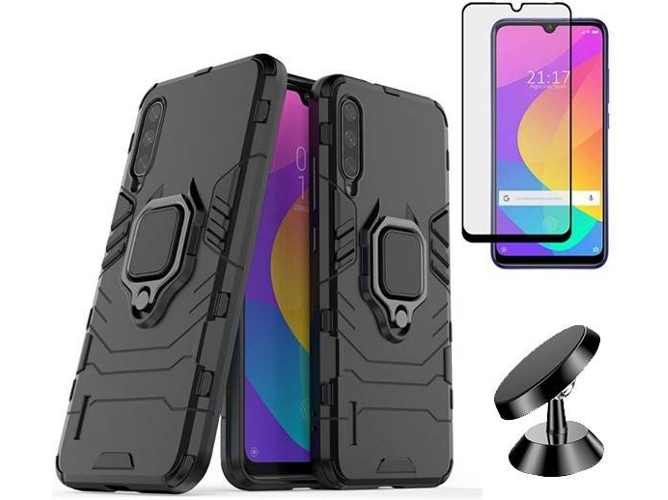 Kit Carcasa, Protector de Cristal 5D Full Cover y Soporte Magnetico Auto Xiaomi Mi A3 Military Defender Negro