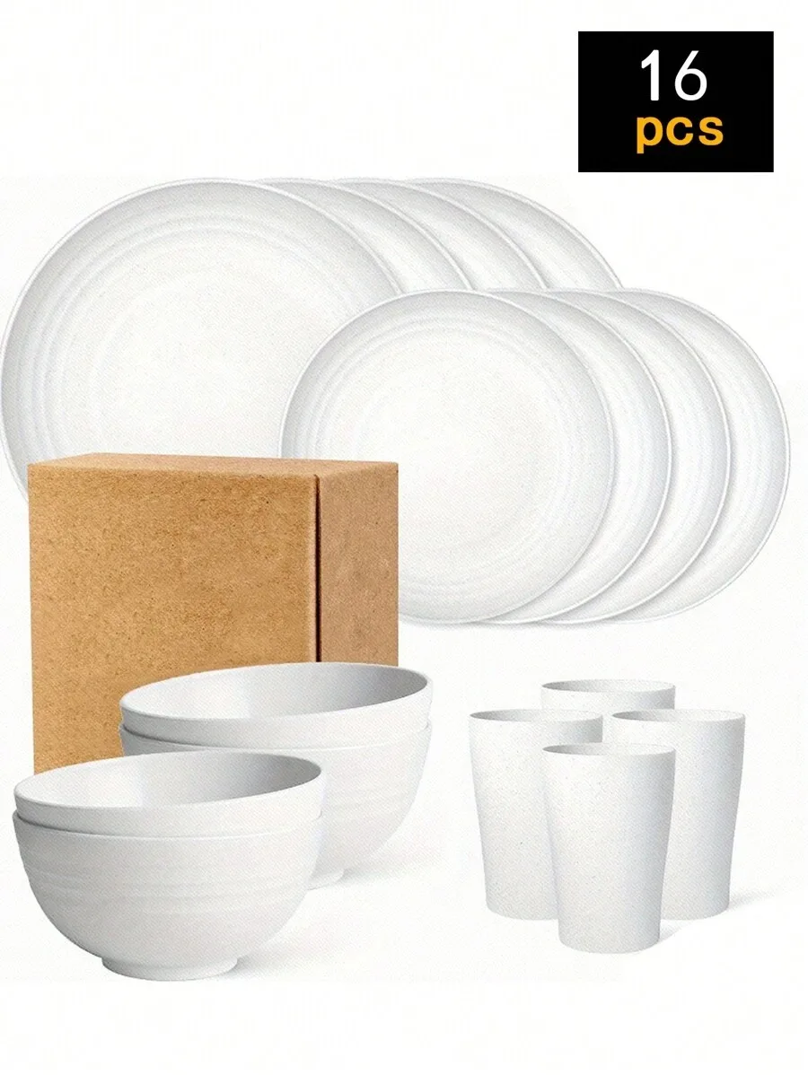 Juego De Cubiertos De Plástico (blanco) De 16 Piezas, Que Incluye Platos, Cuencos Y Vasos.