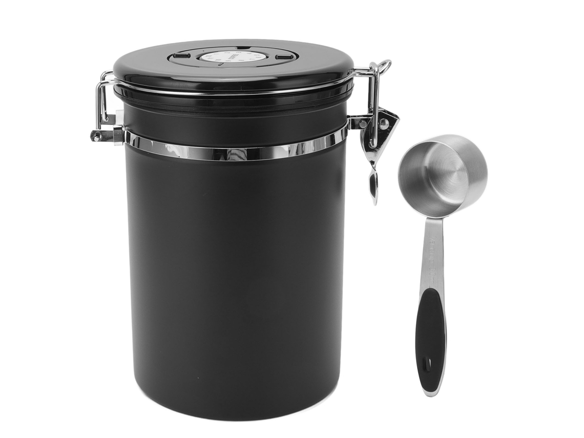 Recipiente hermético de acero inoxidable para almacenar granos de café, 1,8 l, color negro, con cuchara.