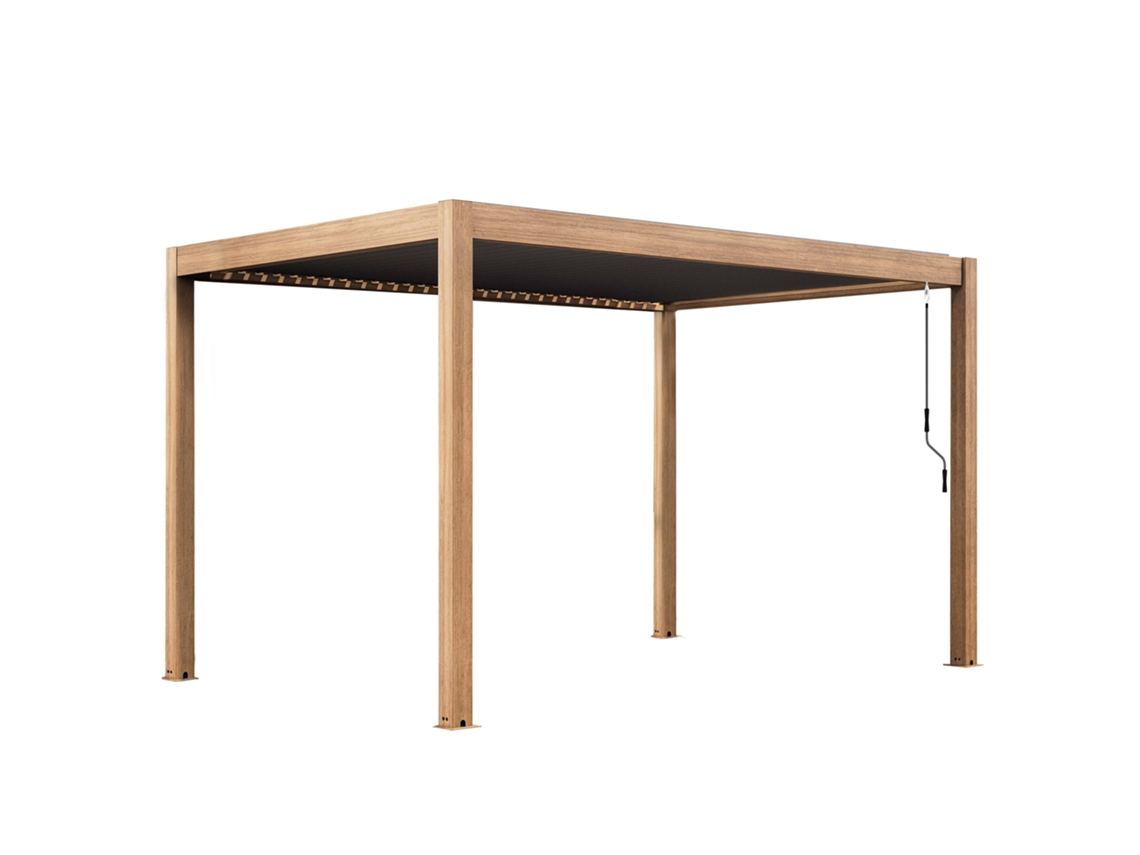Pérgola Bioclimática Autoportante Manual de Aluminio Efecto Madera y Lamas Grises Oviala 4x3 M