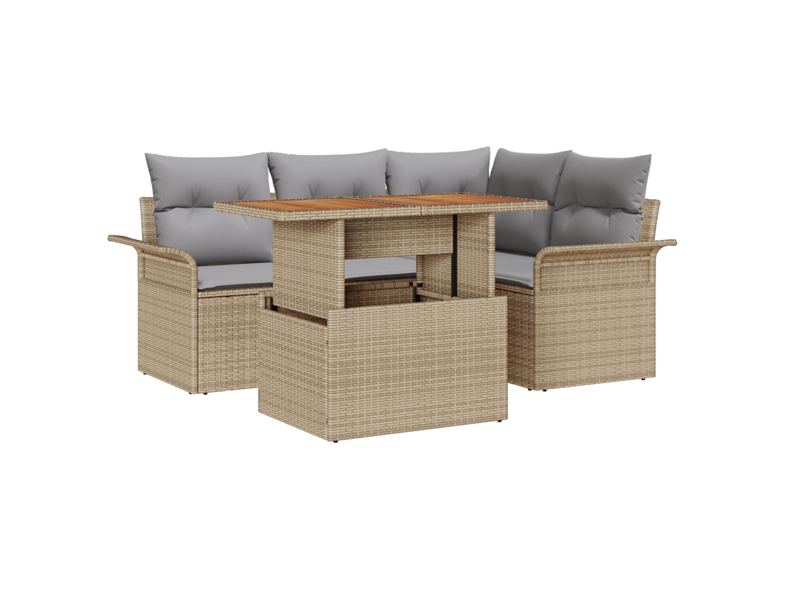 Conjunto de comedor de jardín vidaXL de 5 piezas con cojines de ratán de acacia beige