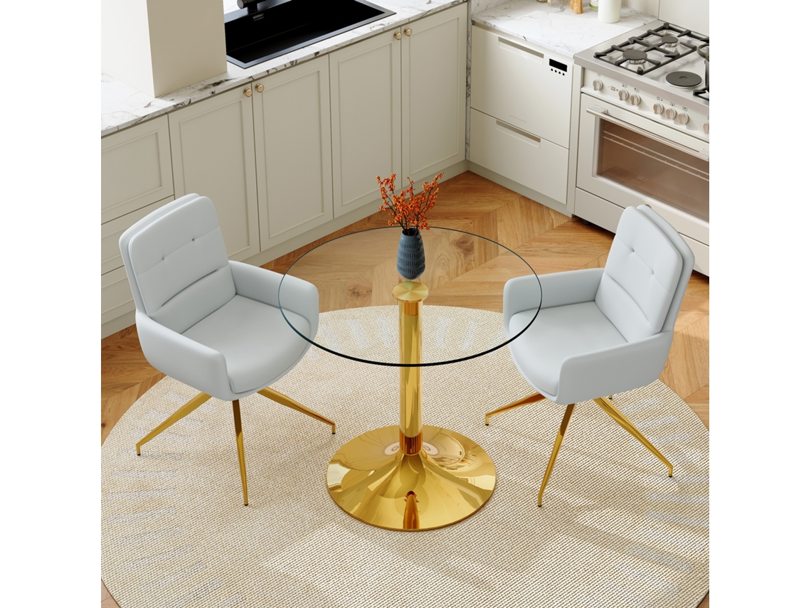 Juego De Mesa De Cristal (85 Cm) Con 2 Sillas Giratorias De Poliuretano Gris Claro.