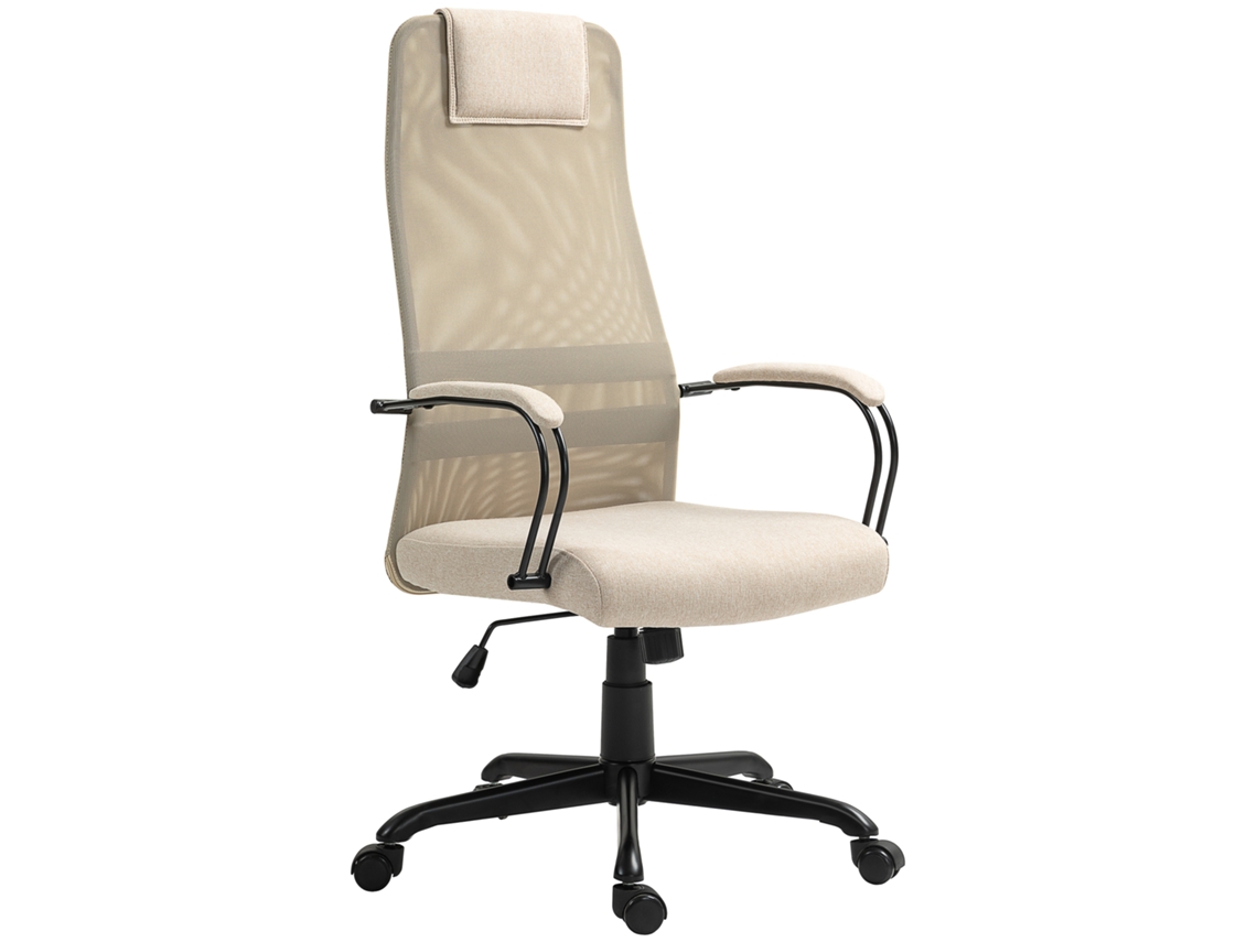 Silla de oficina giratoria ergonómica con inclinación, altura regulable y ruedas, color beige.