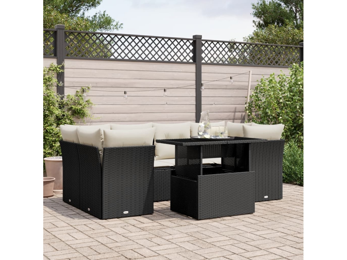 Conjunto de sofá de jardín de 7 piezas con cojines, ratán negro, Dkd Home Decor