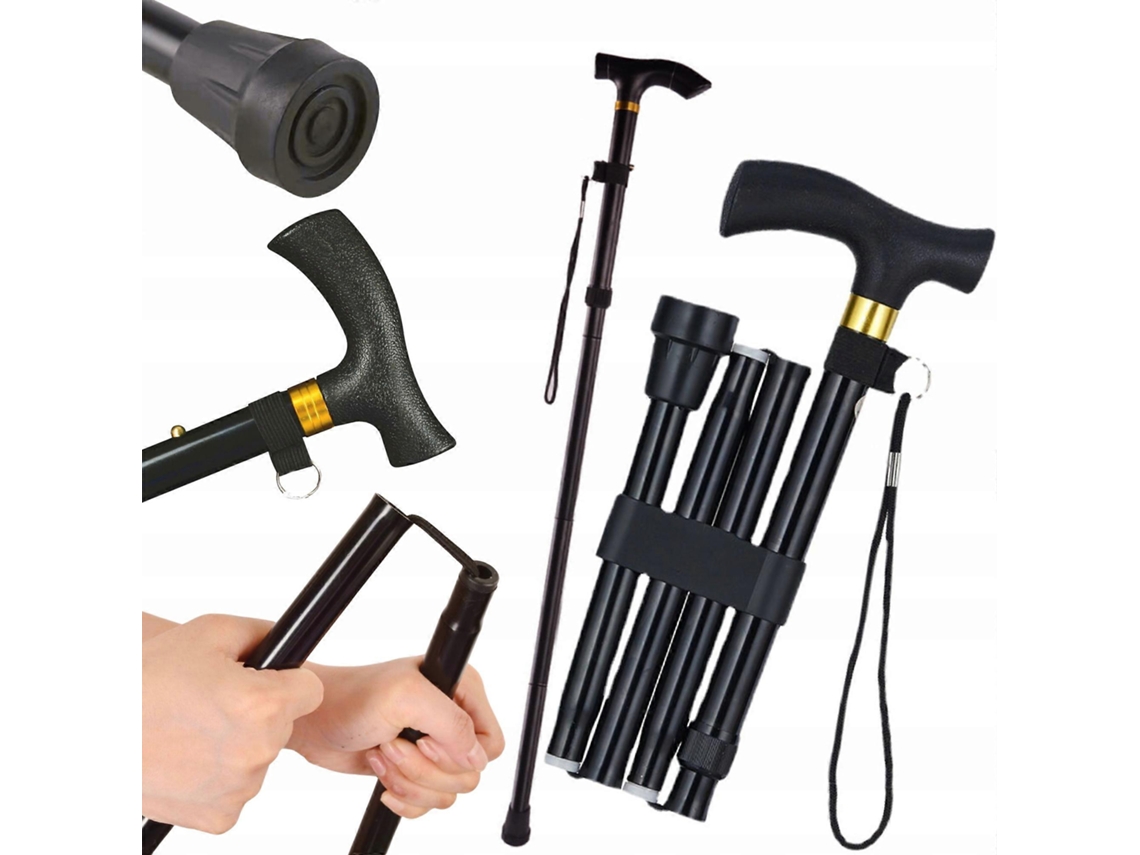 Bastón plegable de aluminio negro sólido, ajustable, para personas con discapacidad