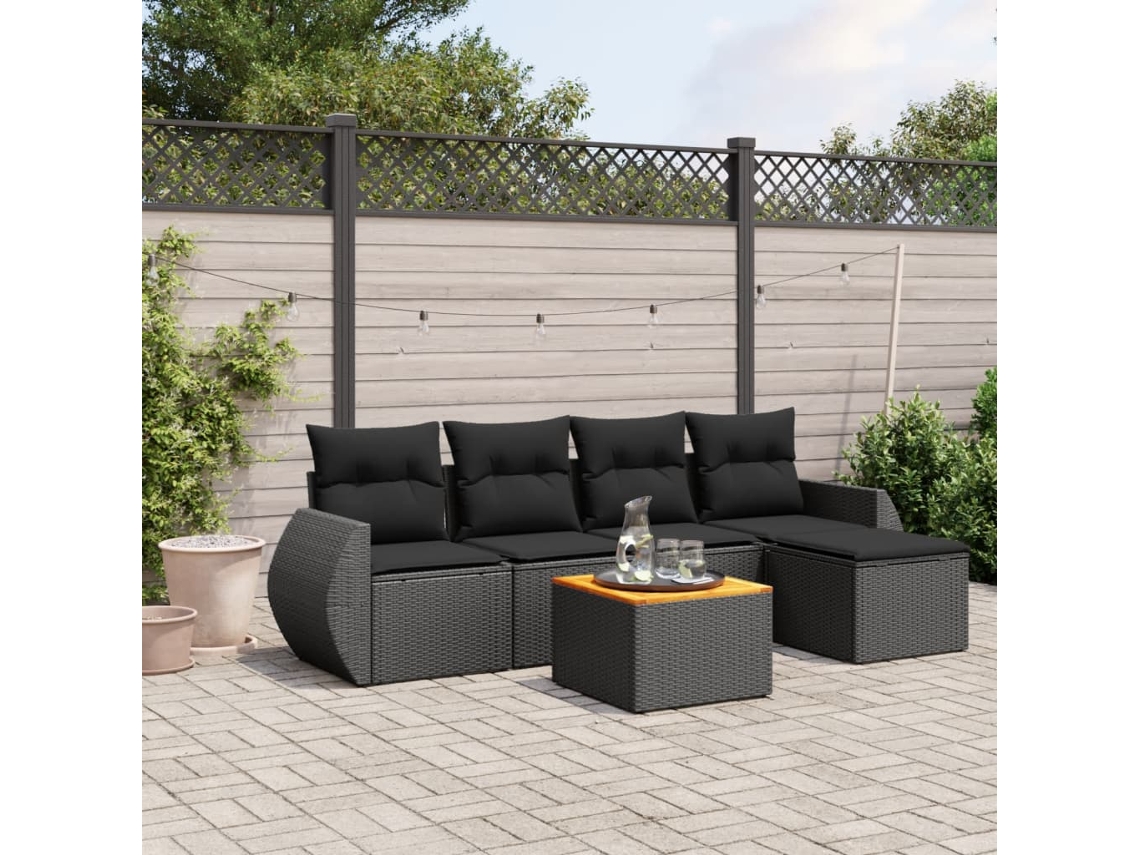Conjunto de sofá de jardín de 6 piezas con cojines, mimbre sintético negro, DKD Home Decor