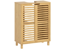 Mueble De Bambú Con Fregadero, Puertas De Listones, Estante Ajustable Y Acabado Natural.